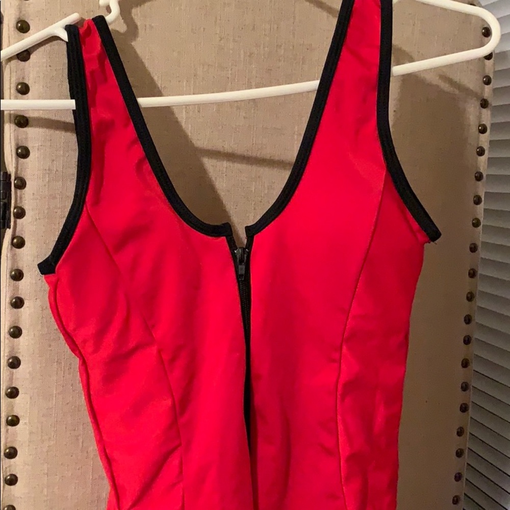 Red high leg one piece with zipper front
